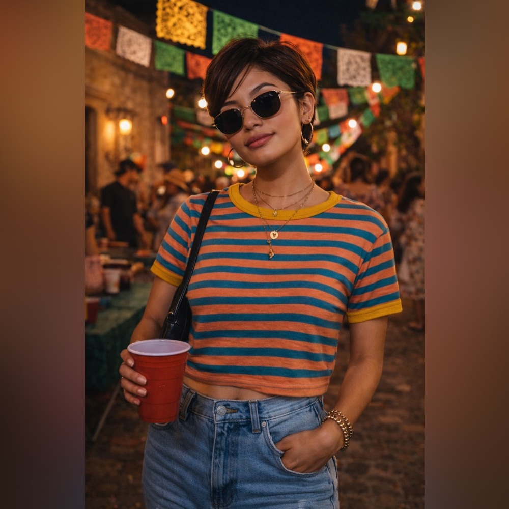 Y2K Retro Striped Ringer Tee Gaze Baby Tee Peach Teal Mustard Trim 90s Style Top